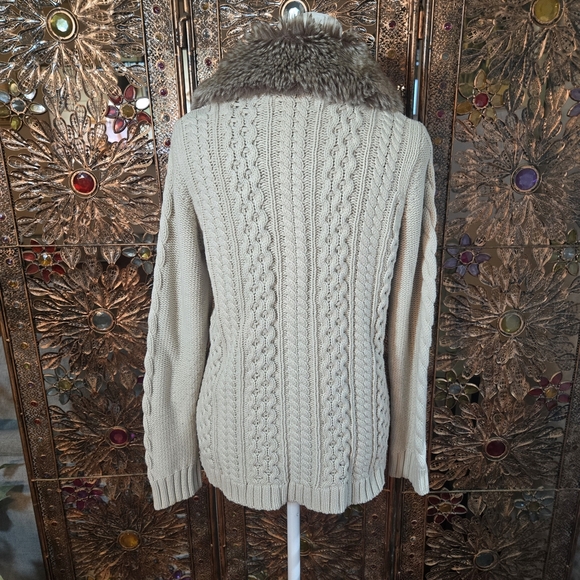 Faux Fur Collar Toggle Cable Knit Cardigan Sweater Jacket Womens Cream Tan Small - Picture 5 of 9